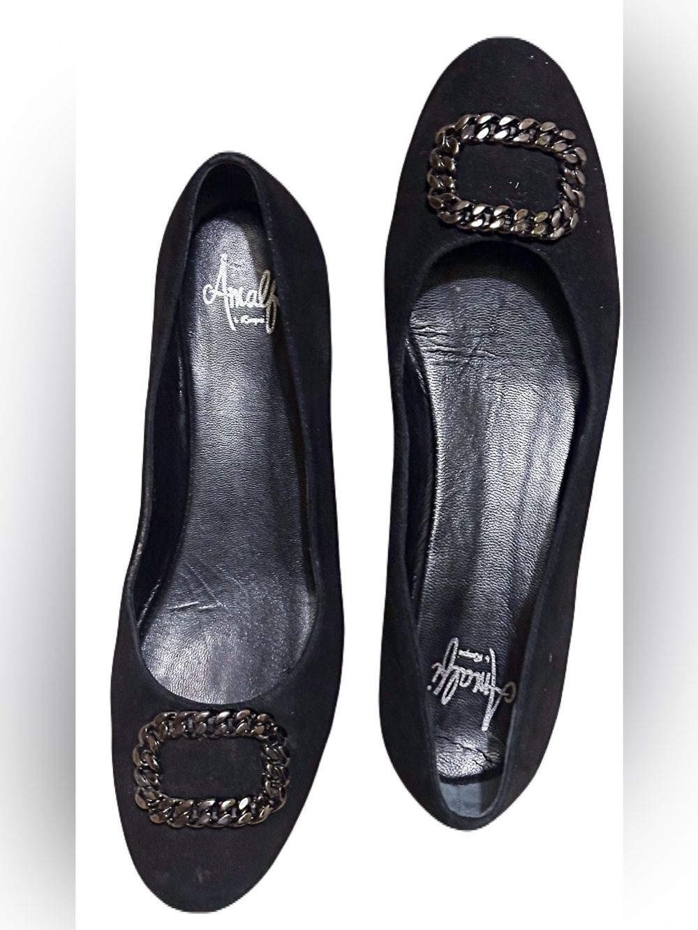 Amalfi Black Chain-Trim Suede Womens Flats